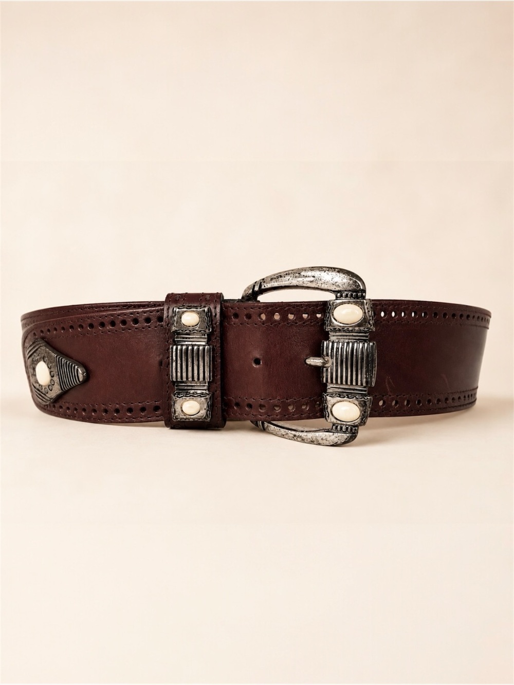 Vintage Doppia Vita Italy Wide Brown Leather  Belt Silver Buckle